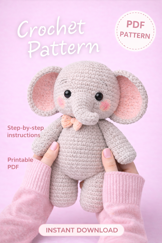 Blush-Eared Elephant Amigurumi Crochet Pattern (Printable PDF) – Beginner 9” Plush